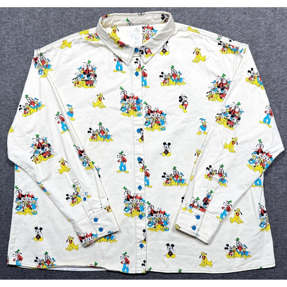 Disney Shirt Womens XL Cream Mickey & Friends Long Sleeve Boxy Canvas Button Top